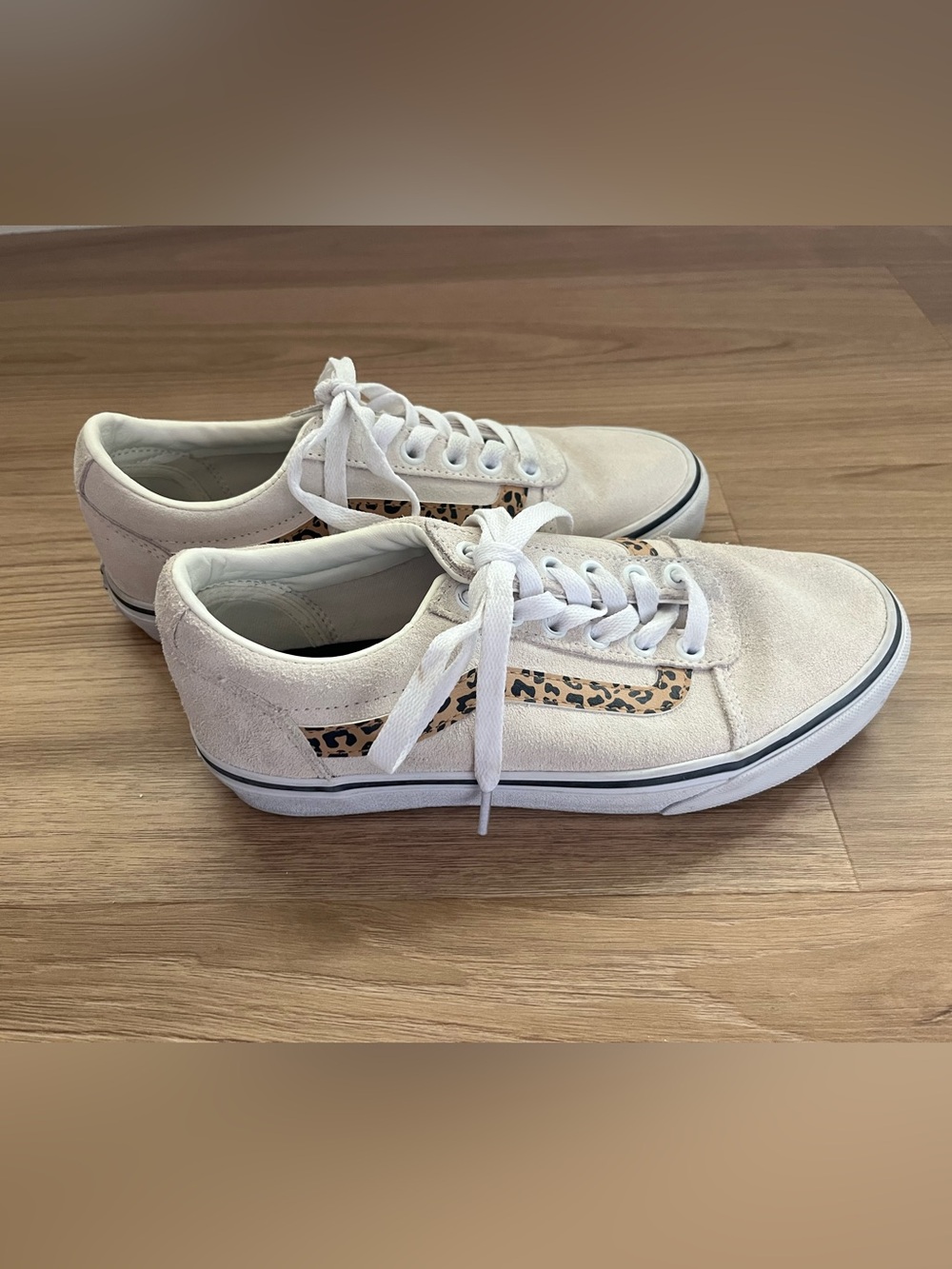 Vans White Suede Low-Top Sneakers with Leopard Side Stripe